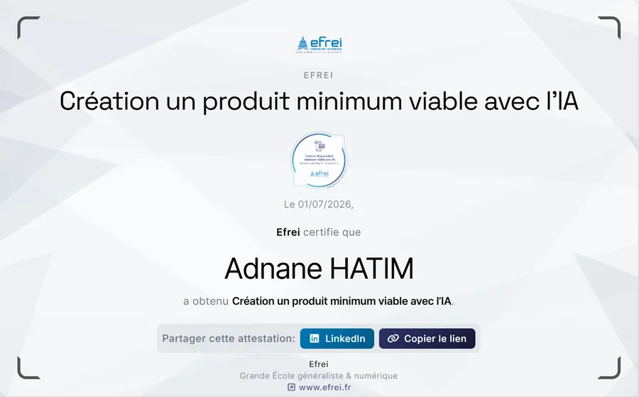 Certificat EFREI « MVP avec IA » pour le projet TicketHabits