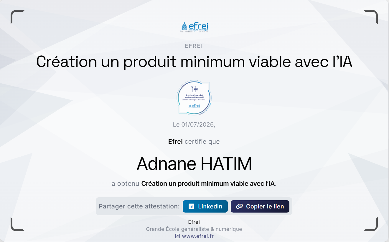 Certificat EFREI MVP avec IA – TicketHabits