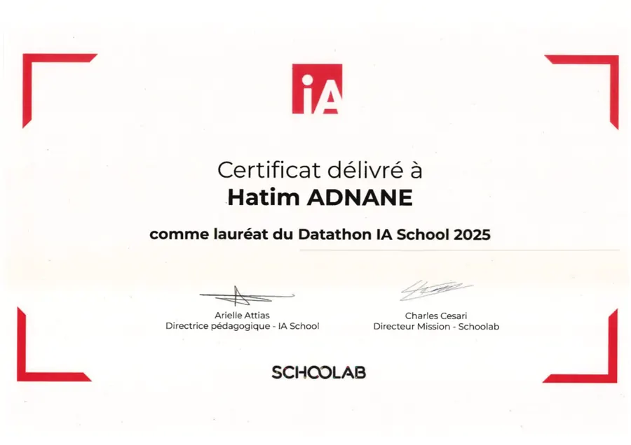 Certificat de lauréat du Datathon IA School 2025 délivré à Hatim ADNANE