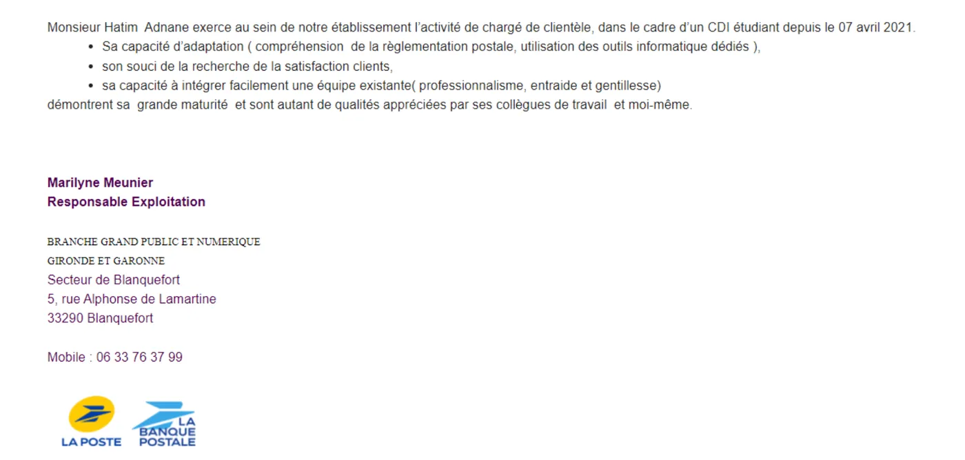 Lettre de recommandation de la responsable d'exploitation de La Poste, secteur de Blanquefort