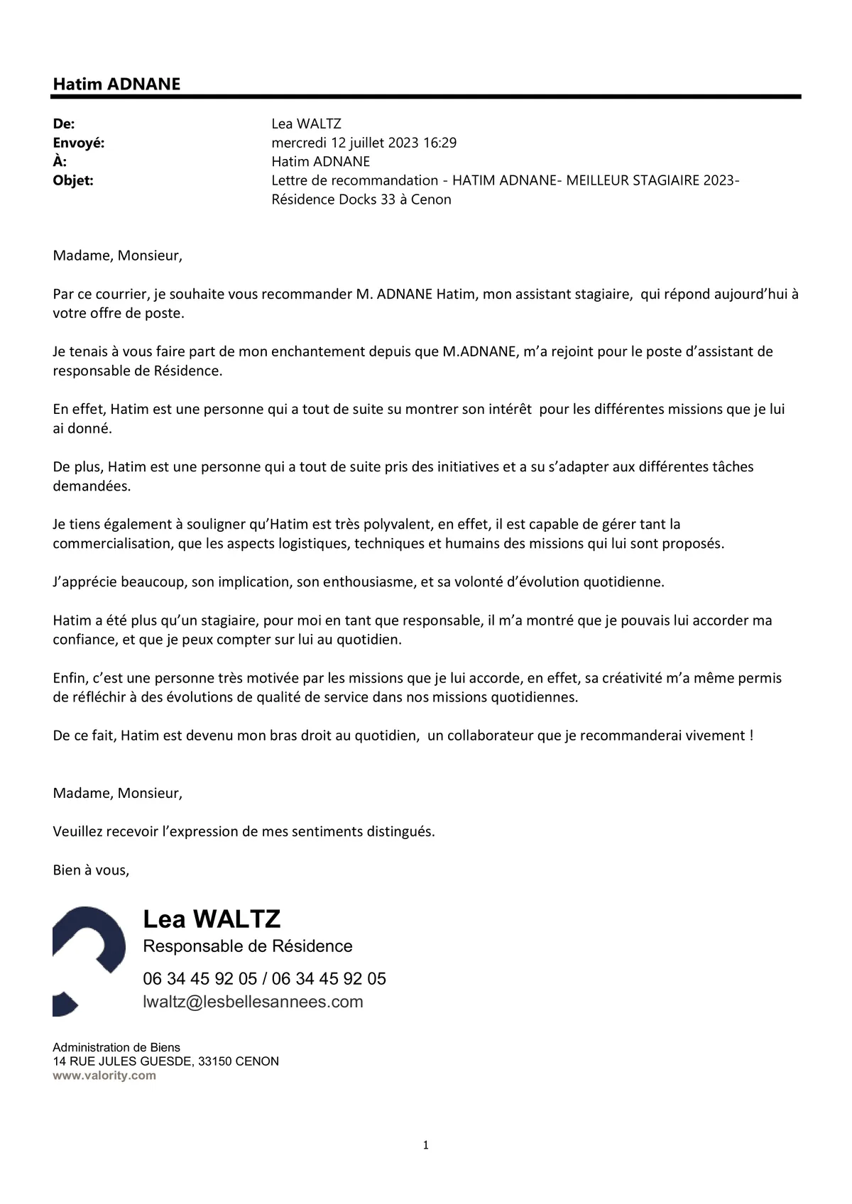 Lettre de recommandation de la responsable de résidence, Les Belles Années, juillet 2023