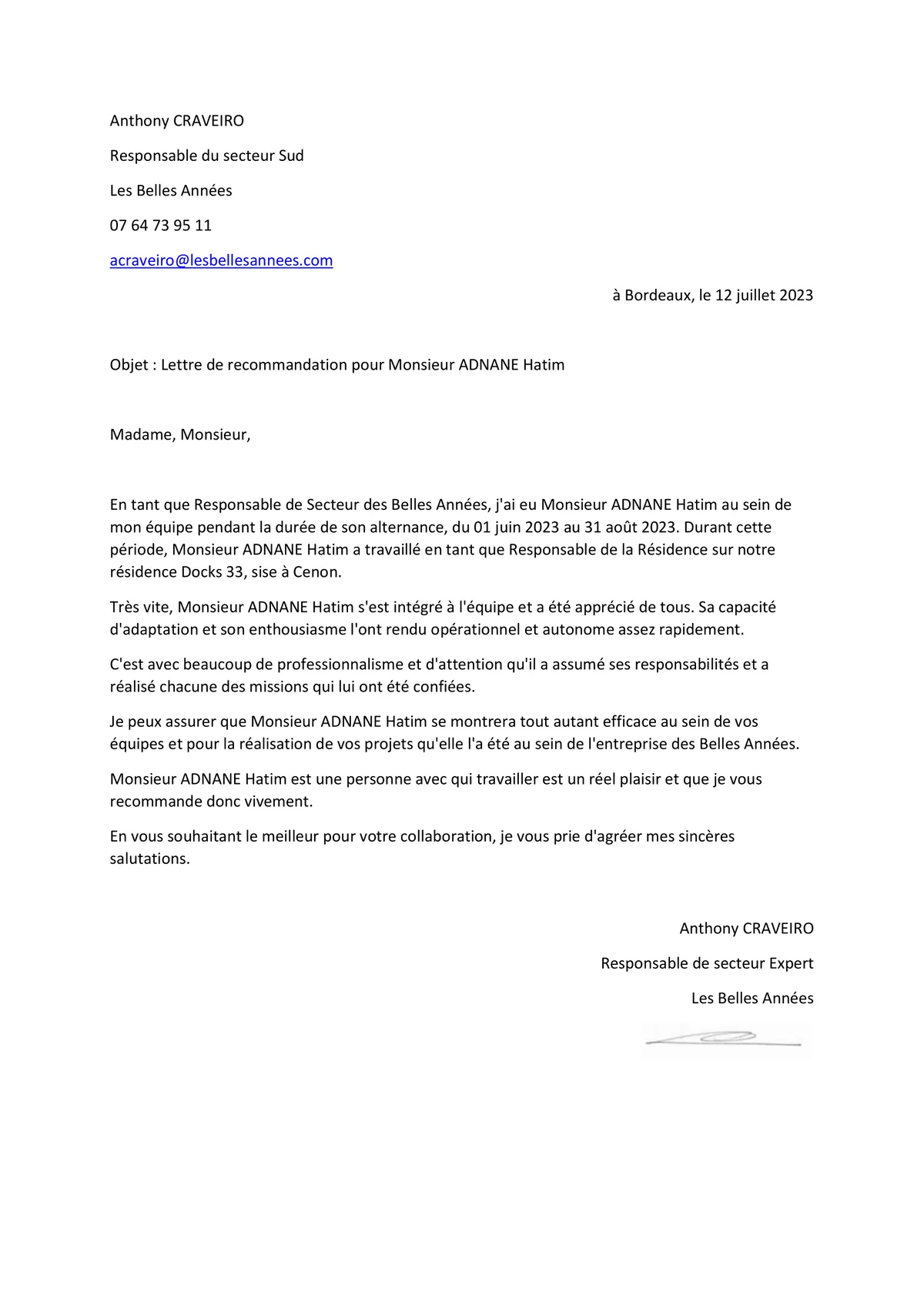 Lettre de recommandation du responsable de secteur, Les Belles Années, juillet 2023
