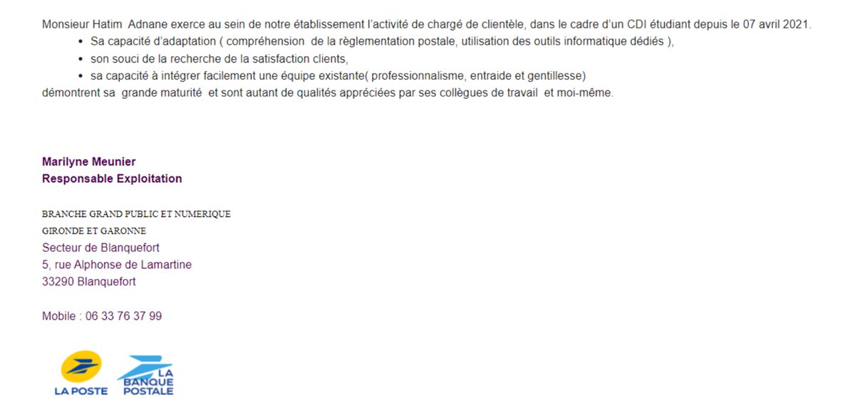 Lettre de recommandation nº 1 obtenue à l'ARS Nouvelle-Aquitaine