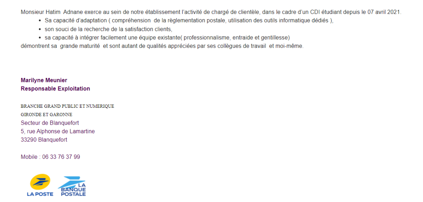 Lettre de recommandation 1